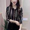 Commute Stylish Bronzing Striped Shirt Letter Spring Autumn Casual Turn-down Collar Button Women's Clothing Chic Diamonds Blouse
