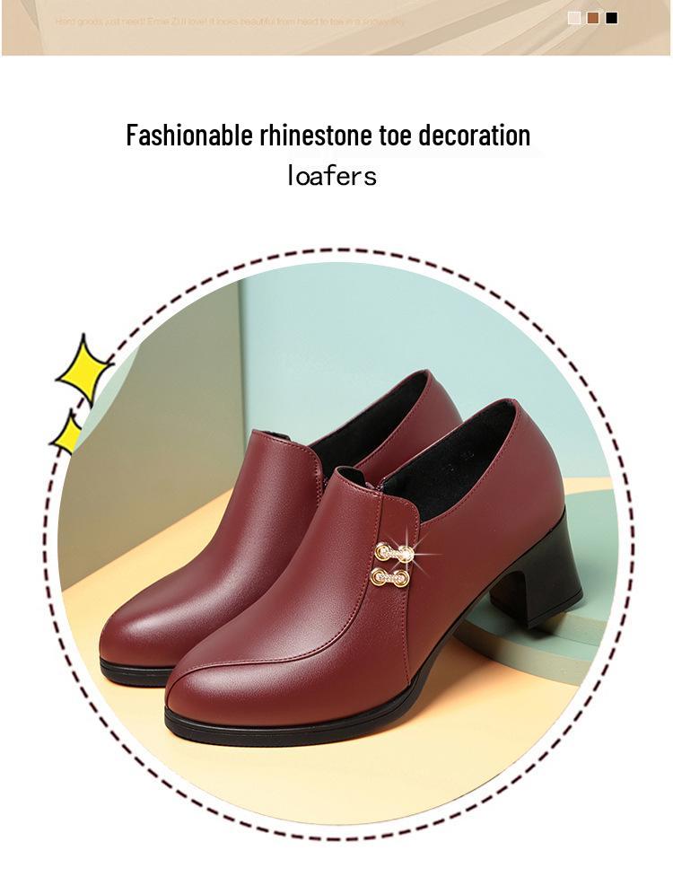Burgundy Chunky Heel Soft Leather Shoes for Women - Spring & Autumn 2022, Comfortable for Middle-Aged & Elderly