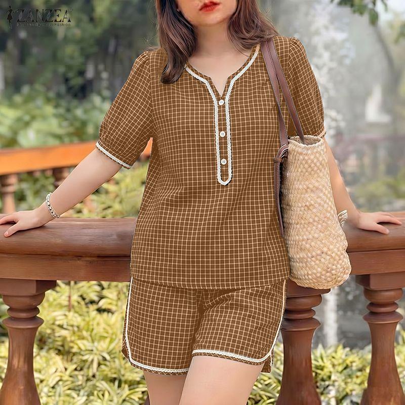 ZANZEA Women Short Sleeve Blouse and Shorts Summer Plaid Print Two Piece Suit Sets