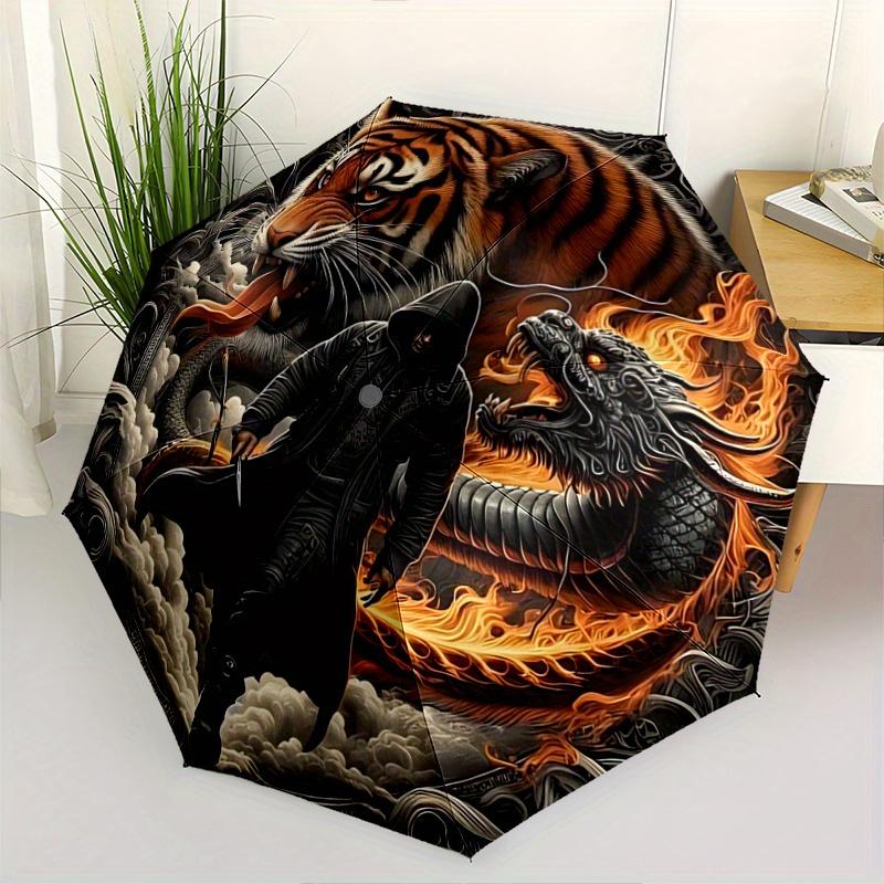 1pc Tiger and Dragon In Fiery Clouds Automatic Open/CloseUmbrella,Compact Umbrella for Men & Women Day Gift.N092