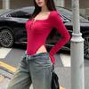 Women's Square Neck Single-breasted Solid Color Slim Bottoming Jersey Jumpsuit