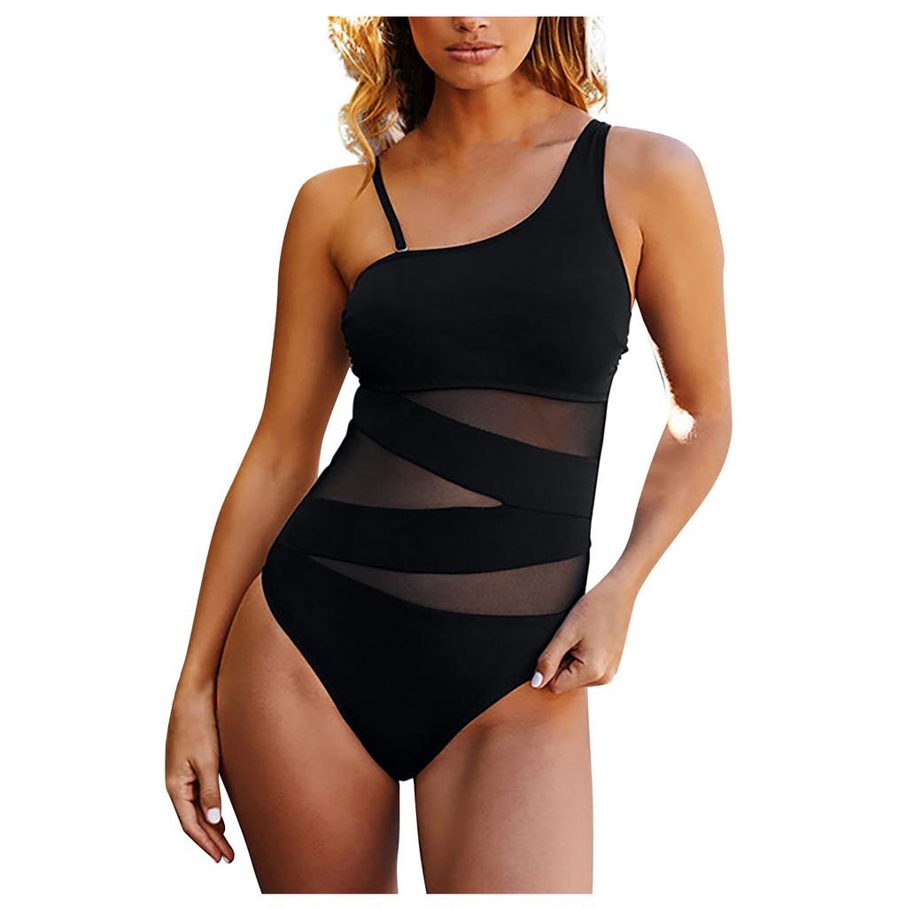 Women's Fashion Splicing  Mesh Spaghetti Straps  Bikini Swimsuit With Slanted Shoulder