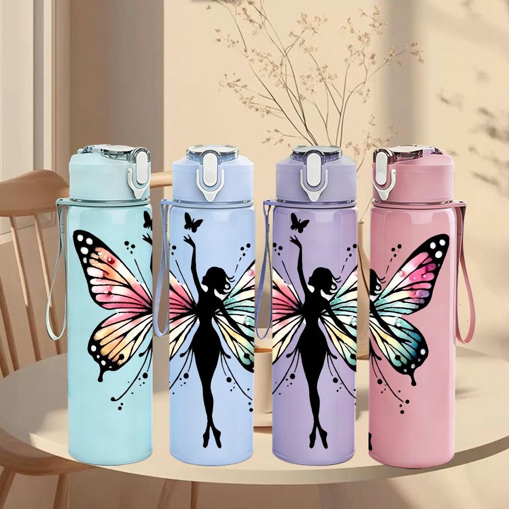 1PC Fairy Girl Butterfly Wings Floral Silhouette 750ml Color Plastic Sports Water Bottle Leakproof Flip Straw Lid Suitable for Sports Office Home Use
