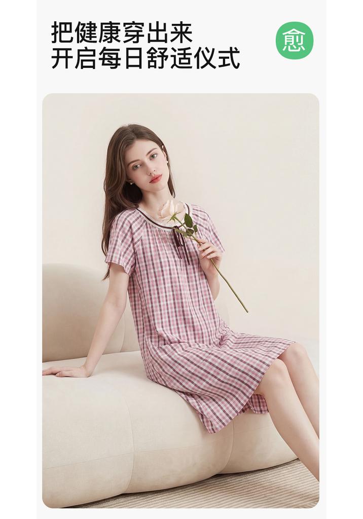 Fenteng [40 Thread Flat Cotton] Skin Friendly Plaid Round Neck Short Sleeved Nightgown Dress Pajama Women's and Girls' Skirt Style