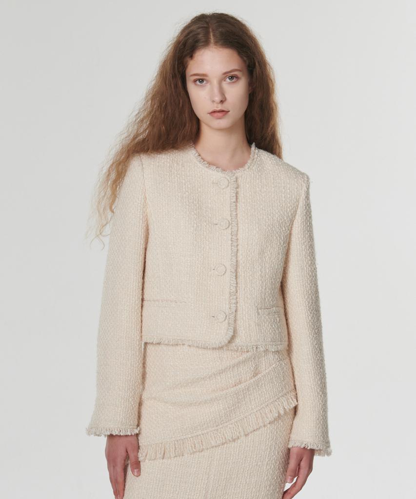 Outshell Fringed Wool Tweed Jacket Cream