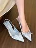 Green wonderland! Satin pointed head bow high heels women's spring light mouth empty sandals