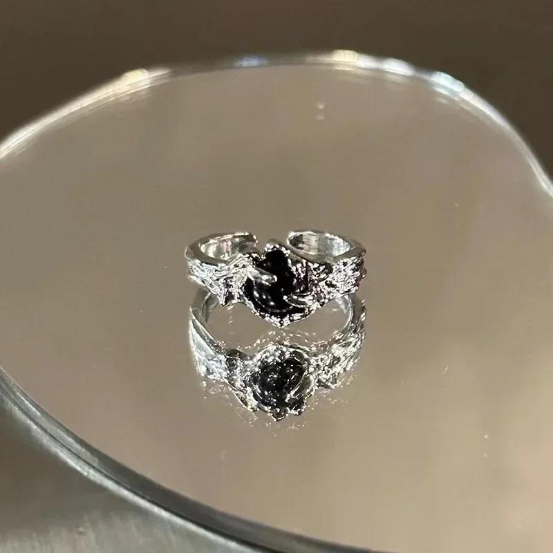 Gothic Irregular Gemstone Ring Aesthetic Girls Adjustable Black Stone Ring Women's Liquid Punk Ring Vintage Jewelry Accessories