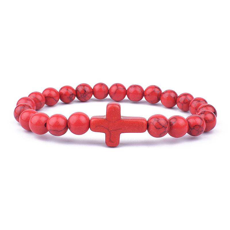 

Trendy Jesus Cross Charm Blue Turquoises Men Bracelet Black Lava Stone 8mm White Beads Bracelets Bangles for Women Yoga Jewelry S-17cm