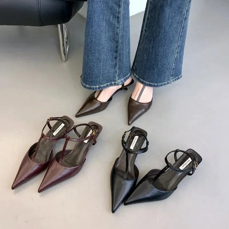 Fashion High Quality Low Small Heel Ankle Strap Women Pumps Sexy Pointed Toe Soft Leather High Heels Elegant Office Shoes Heeled Sandals