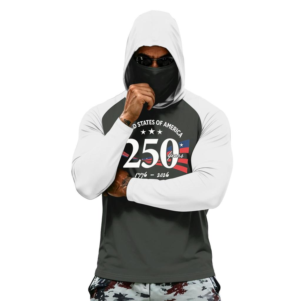 Men Long Sleeve Hooded Sun Protection Shirt with National Flag Graphic Quick Dry Lightweight Athletic Top for Outdoor Activities