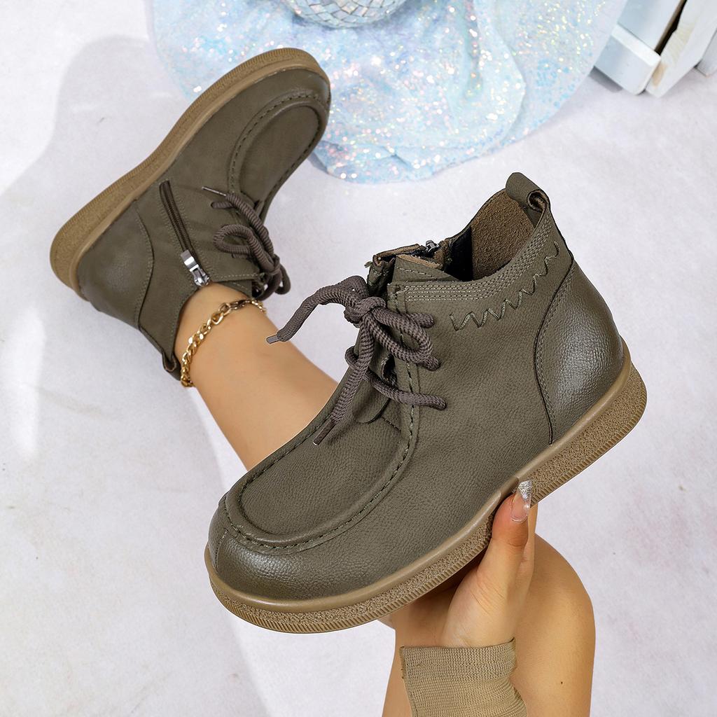 Women Round Toe Ankle Boots Casual Flat Lace Up Leather Shoes Woman Comfortable Non Slip Autumn Winter Short Boots Zip Sneakers