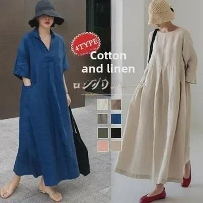 2023 Plus Size A-Line Dress: Japanese & Korean Style, Cotton Linen, Round Neck, Solid Colors, Pullover Style.
