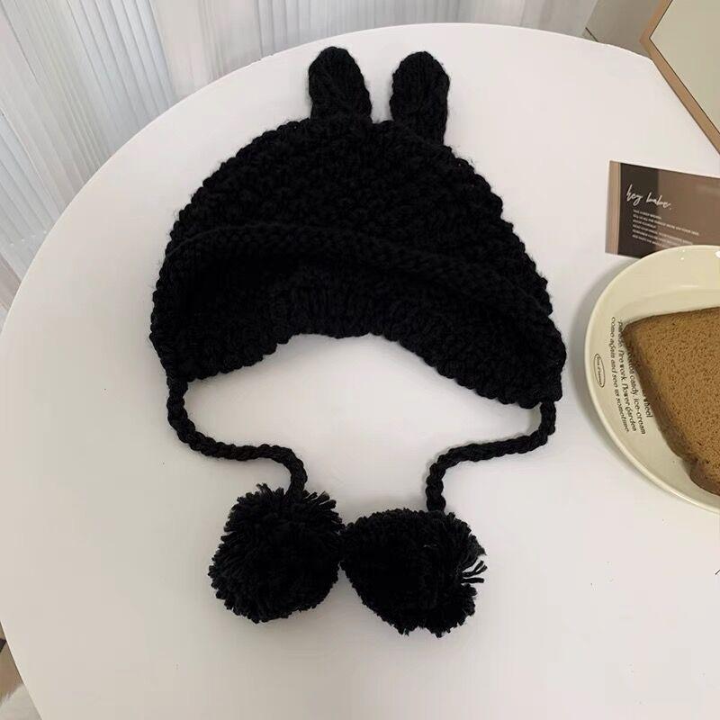 Cute Handmade Rabbit Ear Woolen Hat for Parent Child Autumn and Winter New Style Knitted Ear Protection Warm Lei Feng Hat