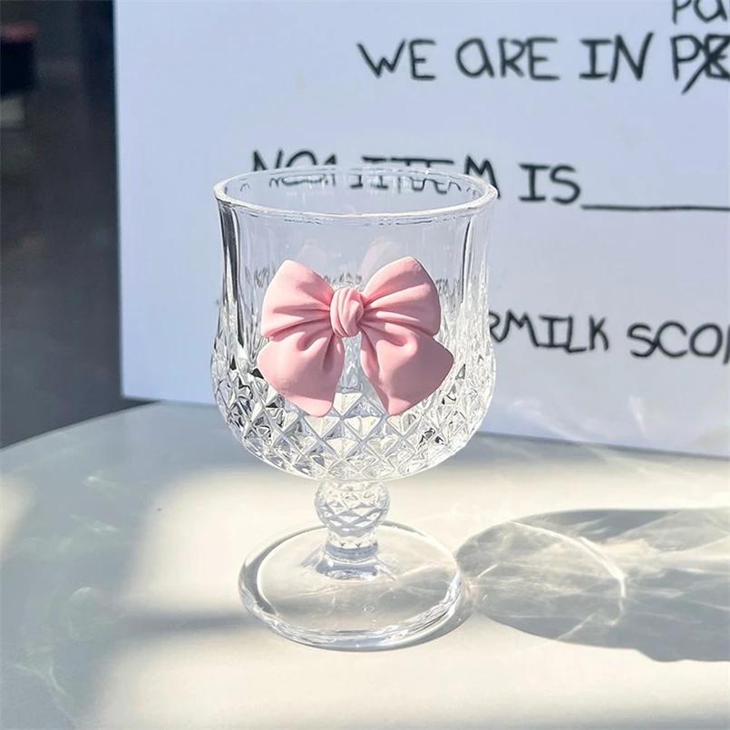 Nordic Style Court Goblet Niche Design Bow Decoration Glass Simple Household Whisky Glass Beverage Juice Dessert Cup Drinkware