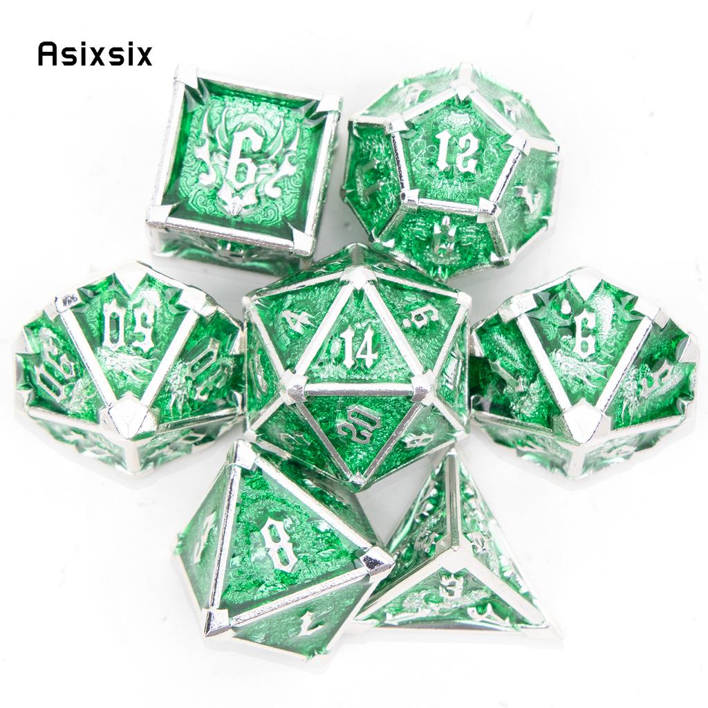 7 Pcs Green White Skull Metal Dice Solid Metal Polyhedral Dice Set Suitable for Role-Playing RPG Board Game Card Game