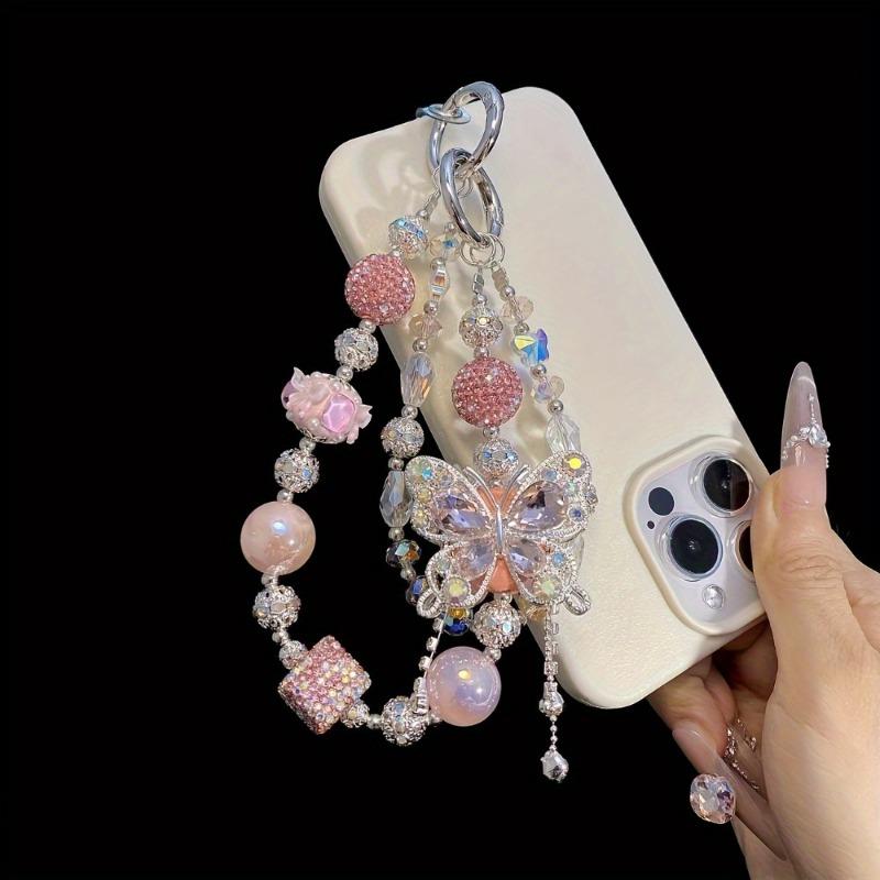 1PC Luxury Sparkling Acrylic Mobile Phone Chain with Cute Butterfly Charm, Colorful Beads and Crystals - Multifunctional Bag Hang or Keychain