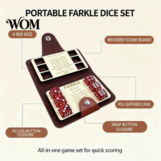 Dice Game Kit Farkle Board Game, with Faux Leather Case, 6 Dices, Wooden Family Night Scoreboard, Portable Tabletop for Travel Party Lightweight