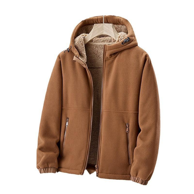 Casual Heavyweight Fleece Hooded Jacket with Lamb Fleece Lining for Autumn and Winter