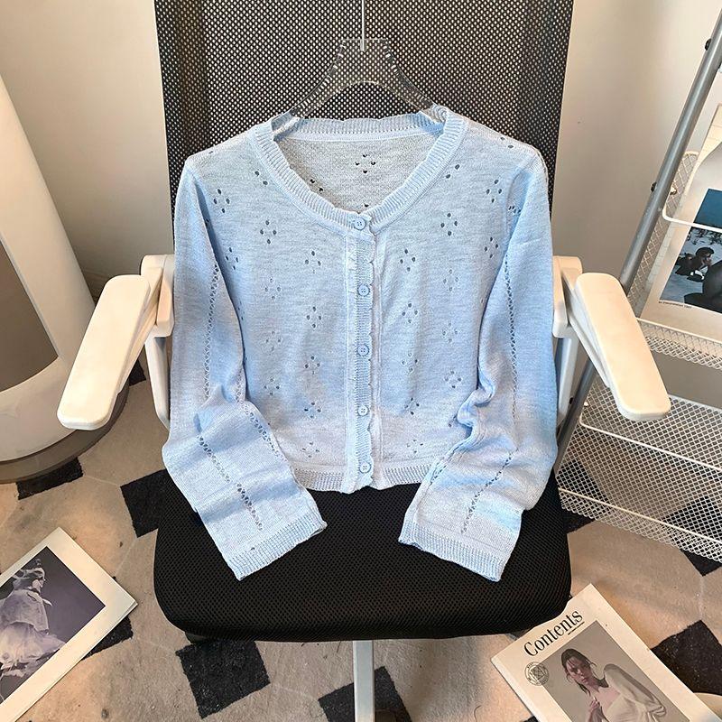 

Корейский сериал Универсальный полый солнцезащитный короткий вязаный кардиган Женский 2025 Лето Новый Приталенный Уличный Короткий Жакет Воздушная Рубашка Blue L