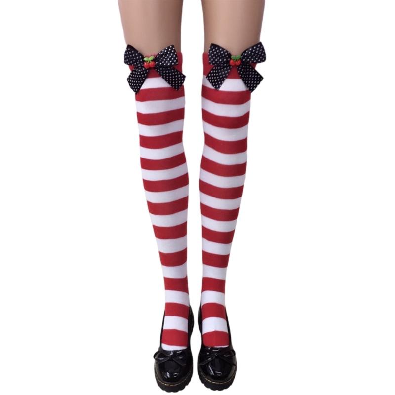 Festival-Schleifenakzent Gestreifte Lange Socken für Damen Weihnachtsfeiern Cosplay Oberschenkelhoch Über dem Knie Strümpfe Strumpfwaren