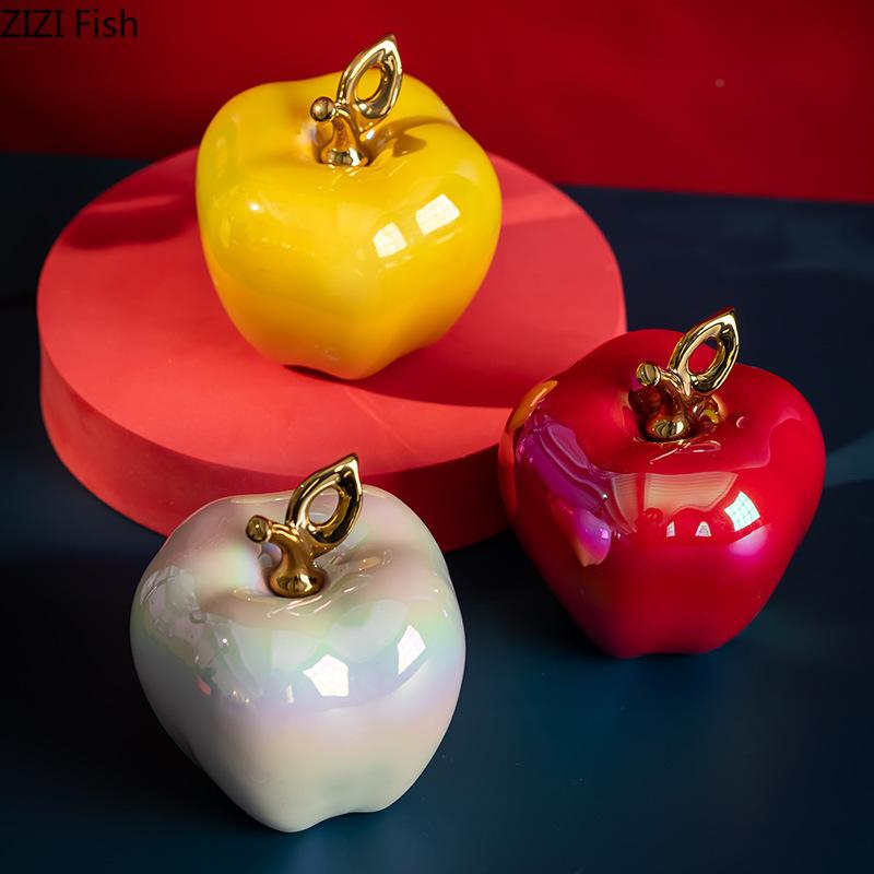 Shining Ceramic Apple Artworks Golden-plated Fruits Statue Desk Decoration Ornaments Crafts Apple Sculpture Room Aesthetic Decor