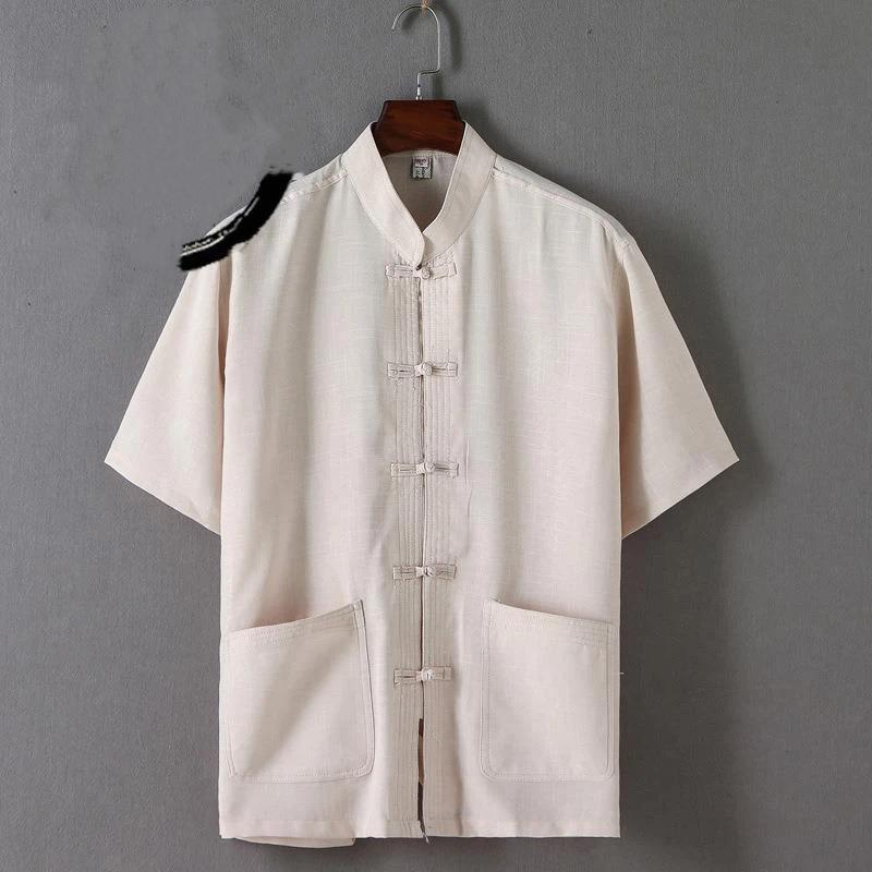Men's Chinese Style Linen Shirt Short Sleeve Manin Collar Frog Button Casual Top