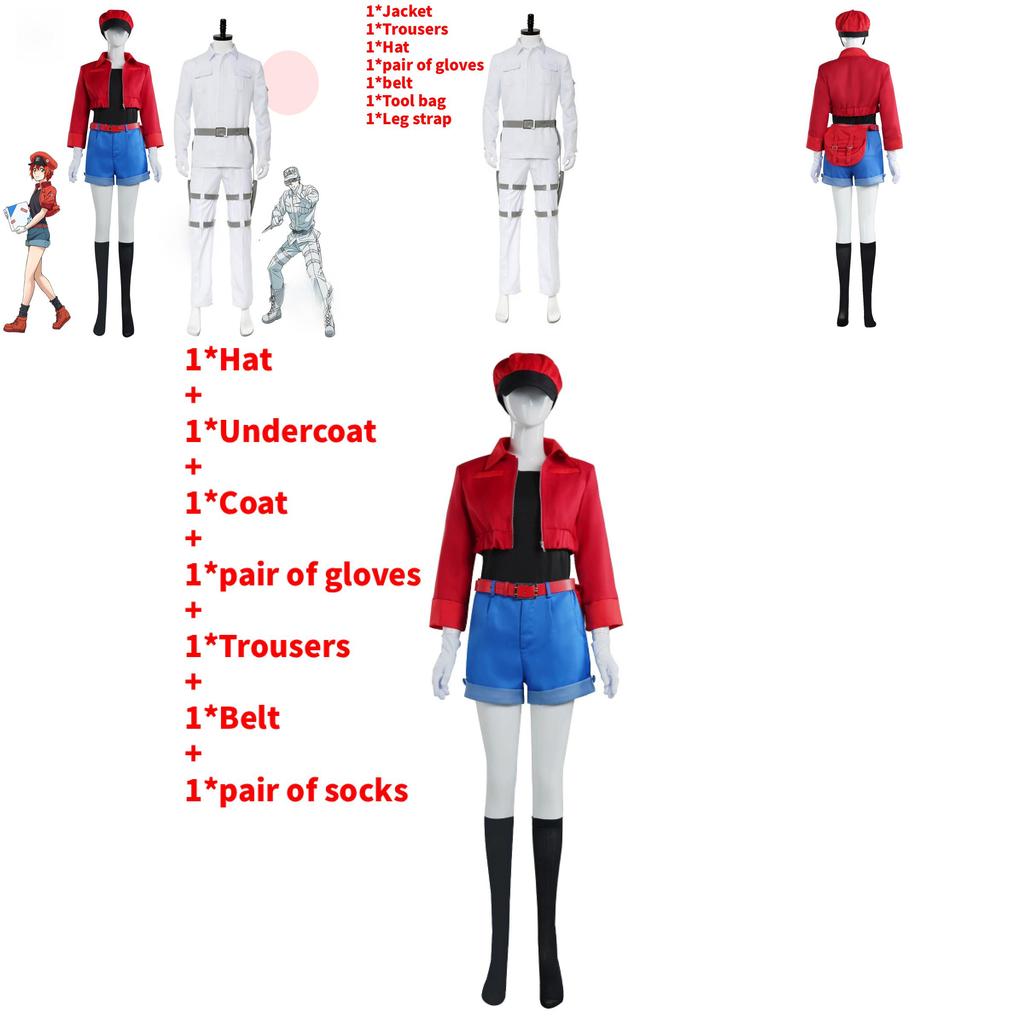 Sada kostýmů pro cosplay červených a bílých krvinek z Cells At Work z polyesterové látky pro fanoušky anime a cosplayerů
