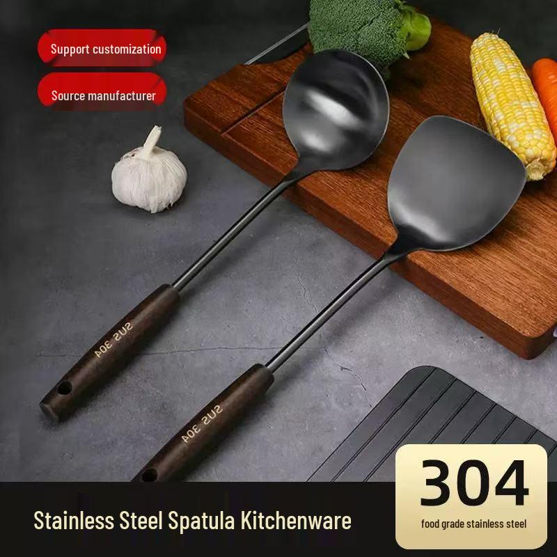 Retro 304 Stainless Steel & Wood Cookware Set - Spatula, Ladle, Slotted Spoon (Anti-scalding, Thickened) 201 Black Coated Spatula