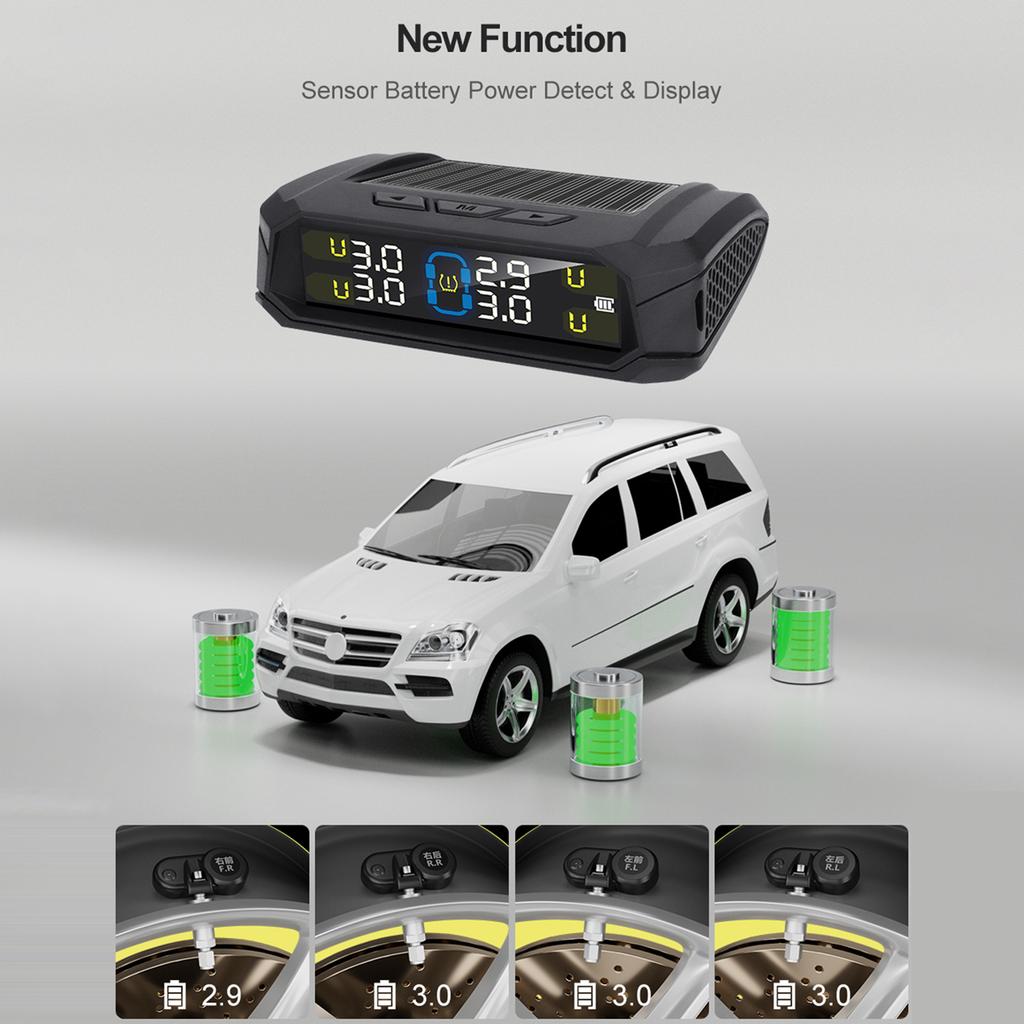 Wireless Tire Pressure Monitor HD LCD Display Real Time Alert Solar Powered USB Charging Tire Pressure Monitoring System
