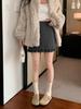 Black Polka Dot Bodycon A-Line Woolen Skirt, Elastic High Waist, Ruffle Hem, Spring/Autumn Fit for Plus Size Women