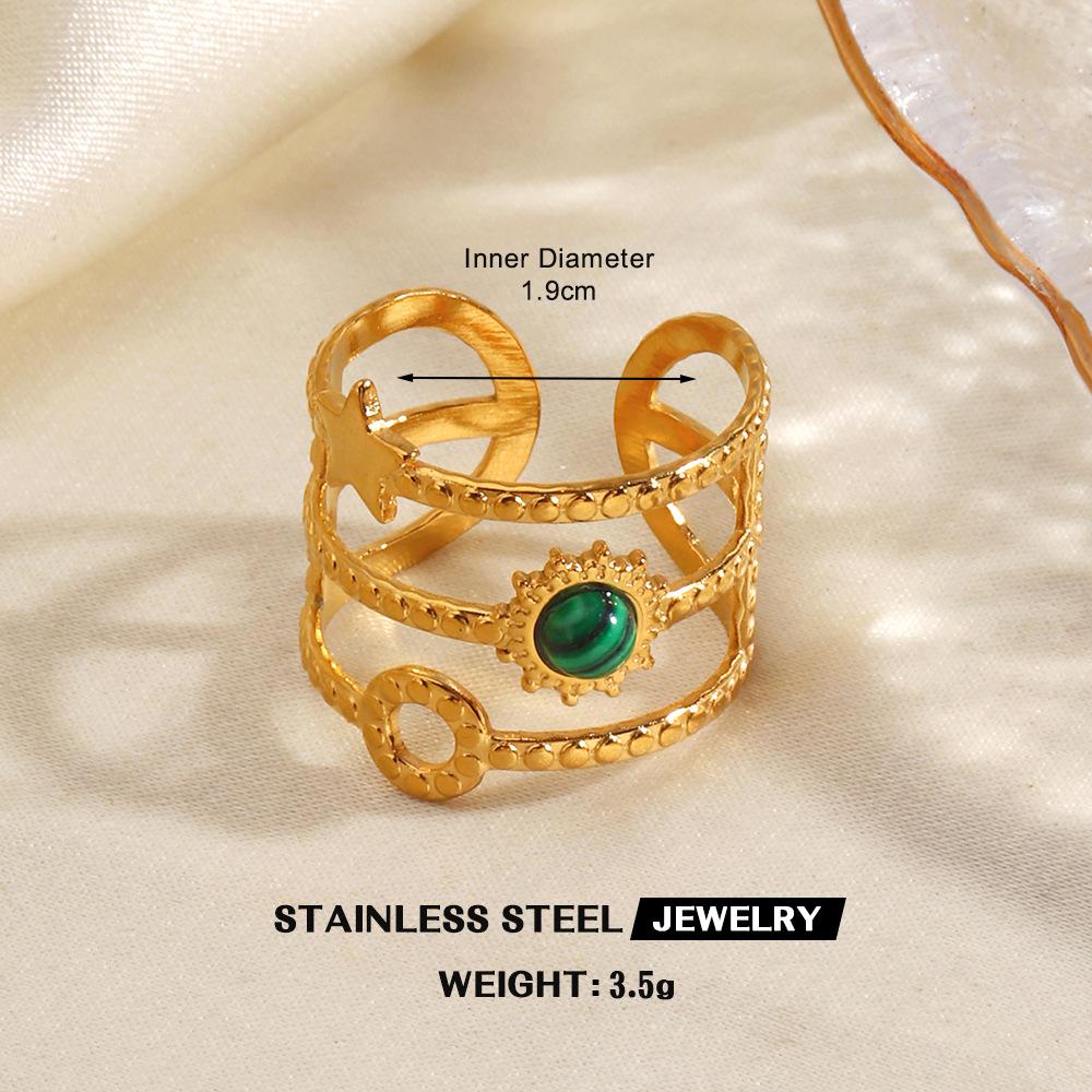 Stainless Steel Green Stone Rings for Women Men Vintage Geometric Metal Heart-Shaped Leaf Circular Open Ring Party Jewelry Gifts