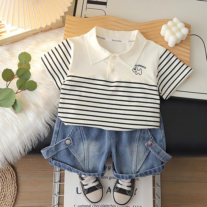 Boys' short sleeved set Summer 0-5-year-old children's striped printed POLO shirt+casual denim shorts two-piece set