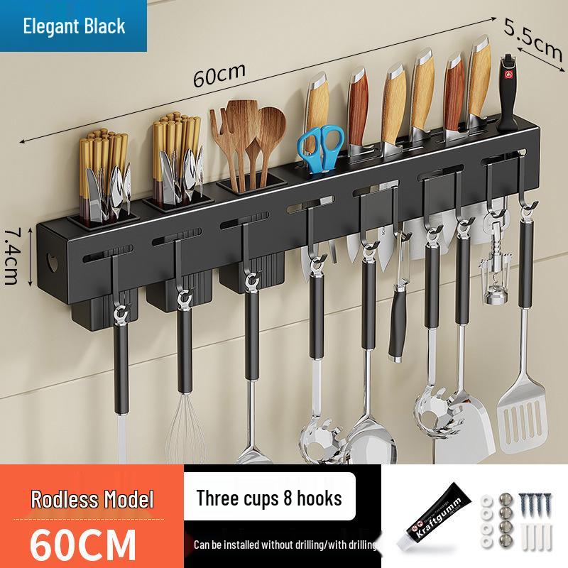 Stainless Steel Wall-Mounted Knife & Chopstick Holder with No-Punch Hanging Design