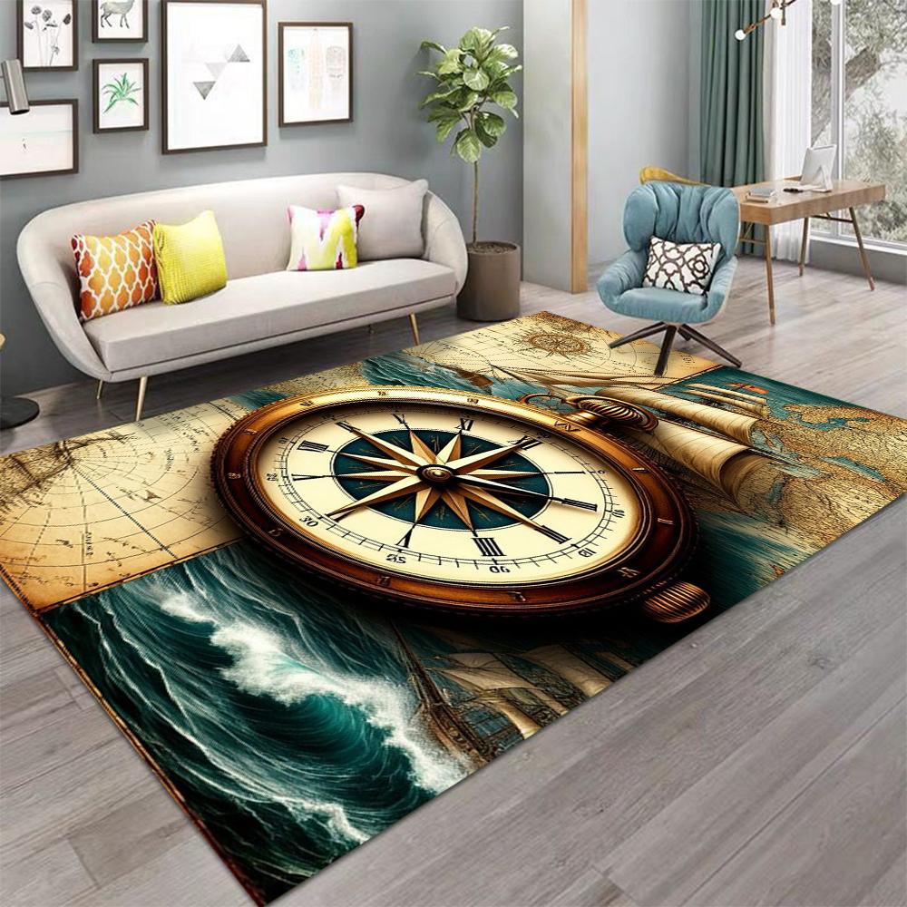 Nautical Compass Carpet Set of 4 Vintage Sailing Map Design Non Slip Floor Mats for Living Room Coastal Decor