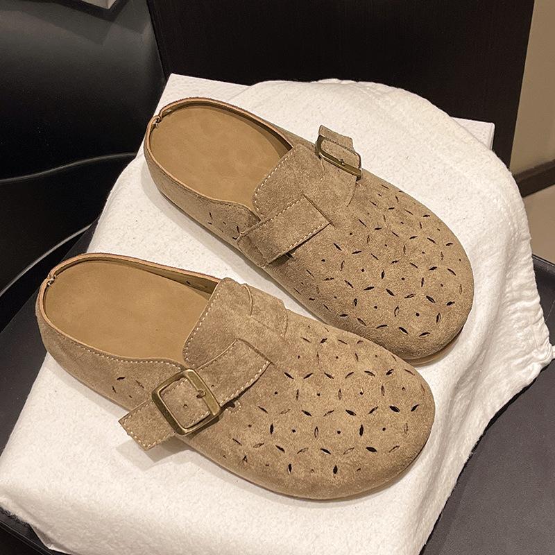 

Женские шлепанцы Baotou 2025 лето новая имитация коровьей кожи полые туфли модные и удобные шлепанцы на плоской подошве 40 хаки