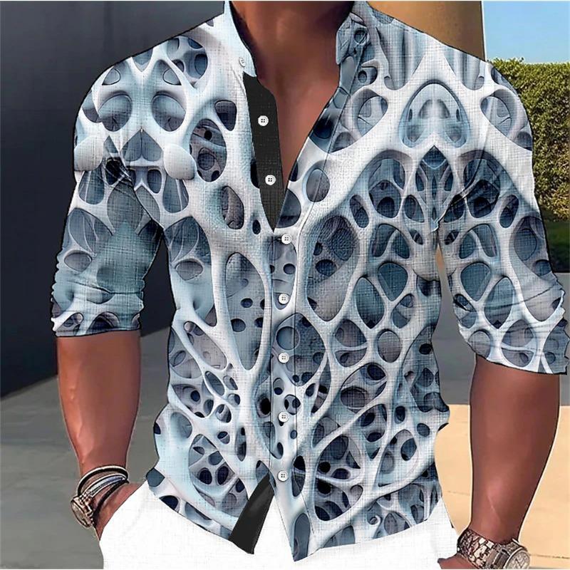 Men's Long Sleeved Shirt 3D Abstract Printing Standing Collar Button Up Shirt Fashion Street Designer Designs Men's Clothing
