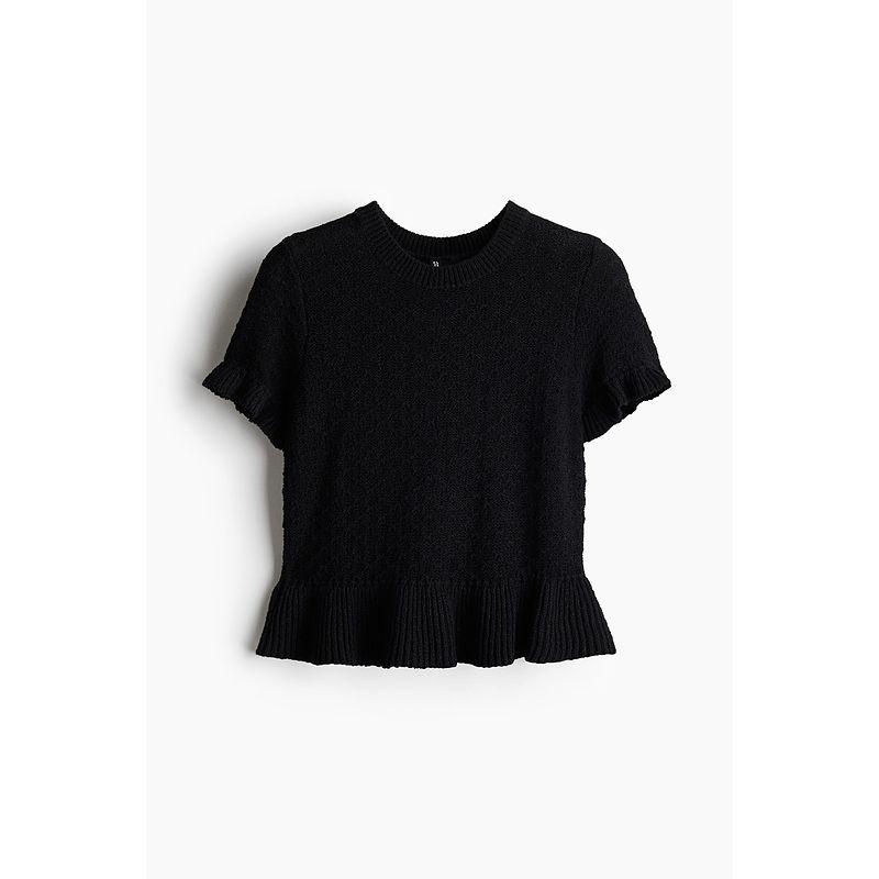 

HM Women s Woolen Sweater 2025 Autumn New Arrival Frill Black and White Wear Mesh Knitting Tops 1271633 Black 155/76(XXS)