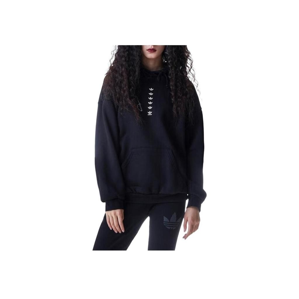 adidas Originals Kleeblatt-Logo Print Kängurutasche Hoodie Damen Hoodies Schwarz HC1673