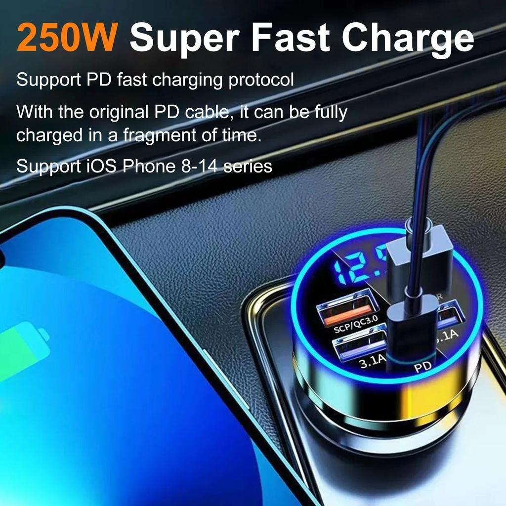 Universal Mobile Phone PD Type C Car Charger 6 Ports Car Smartphone Fast QC 3.0 Charging For IPhone Samsung Xiaomi Huawei