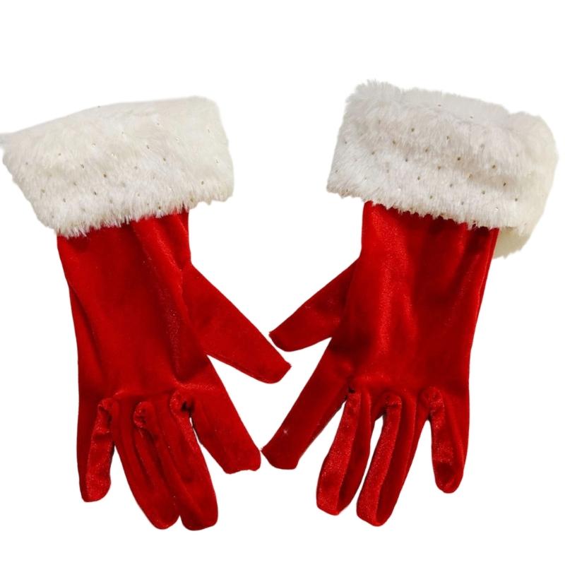 Christmas Costume Gloves for Adult, Red Gloves with Furry Plush Cuffs, Decorative Handwear for Holiday Festival Event Photography