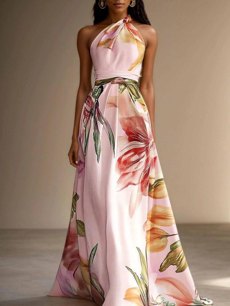 

Women s Sleeveless Cross Neck Floral Print Belted Maxi Dress XXXL рожевий