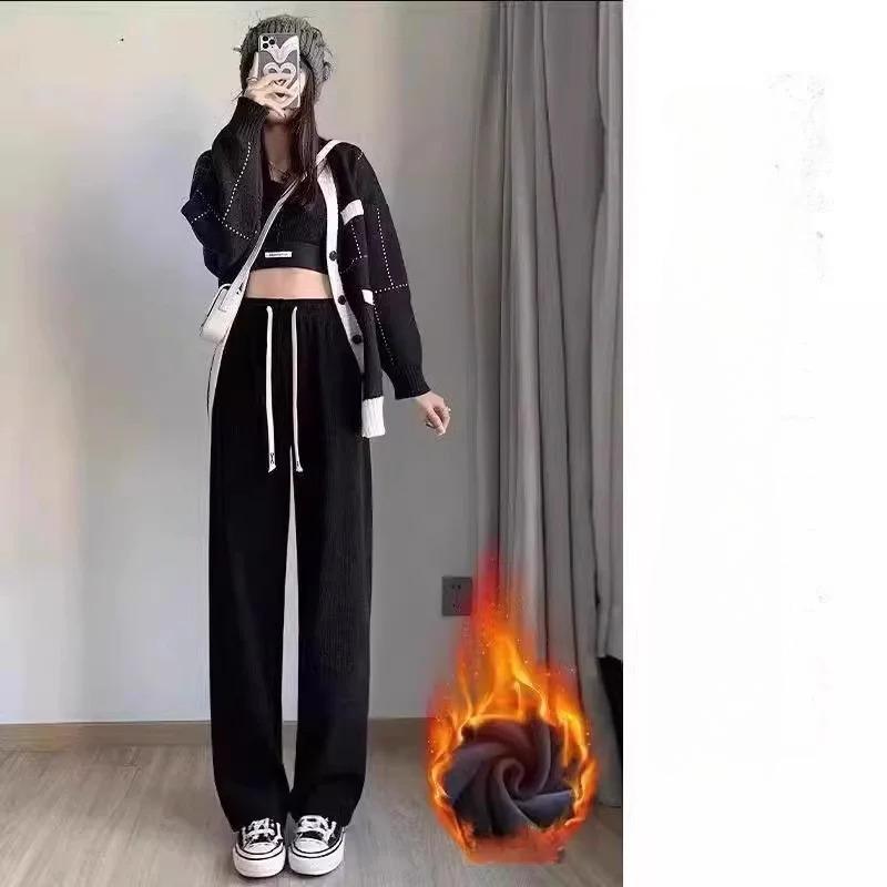 

Широкие брюки из овечьего флиса, женские, осень-зима, с утолщенным флисом, с высокой талией, свободные, вельветовые, прямые, теплые, повседневные брюки S чёрный