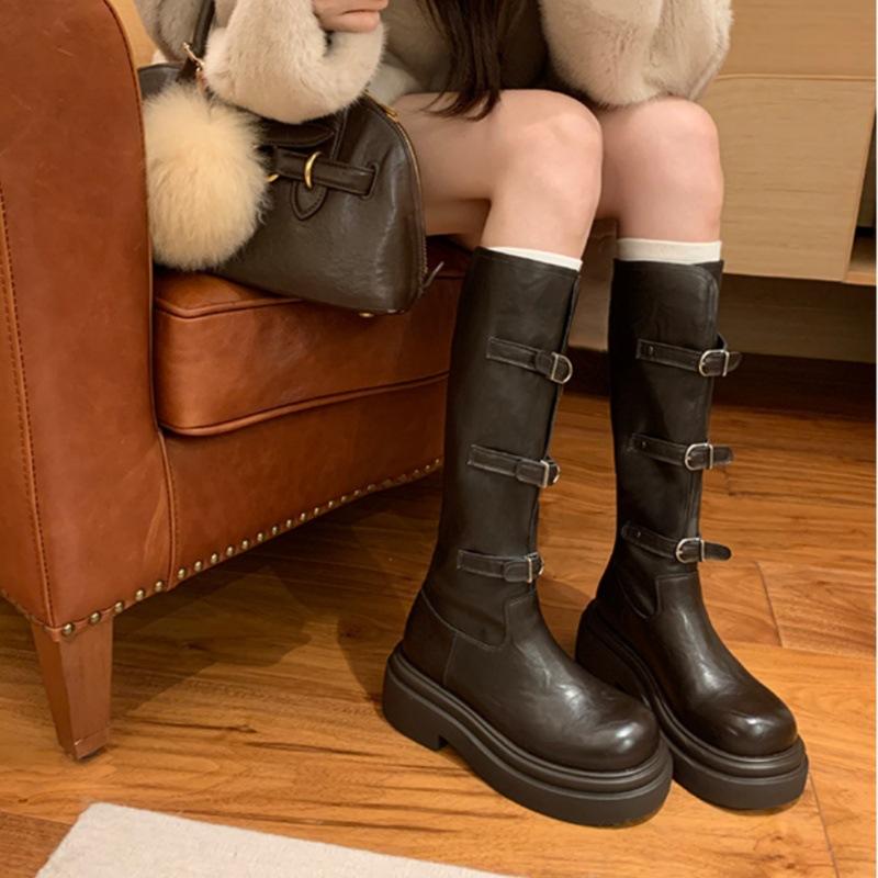 2025 autumn and winter new European and American style but knee niche belt buckle knight boots women's thick-soled round head thin boots