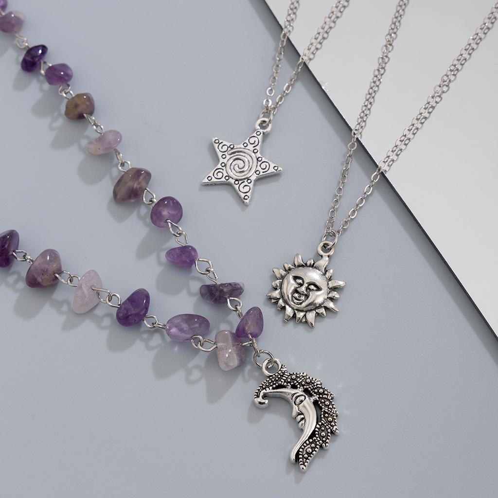 Retro Moon Sun Star Pendant Necklace Women Multilayer Jewelry Accessories