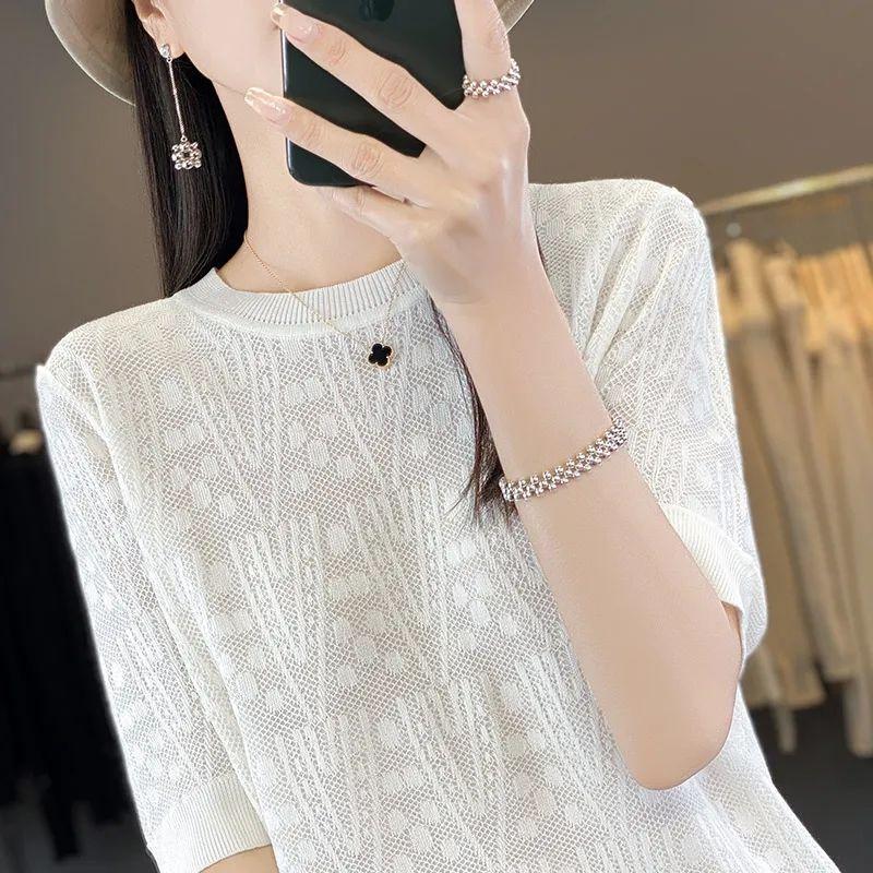 

Летняя новая футболка с круглым вырезом и коротким рукавом для женщин, свободная и ажурная универсальная трикотажная рубашка, однотонный топ 2XL белый