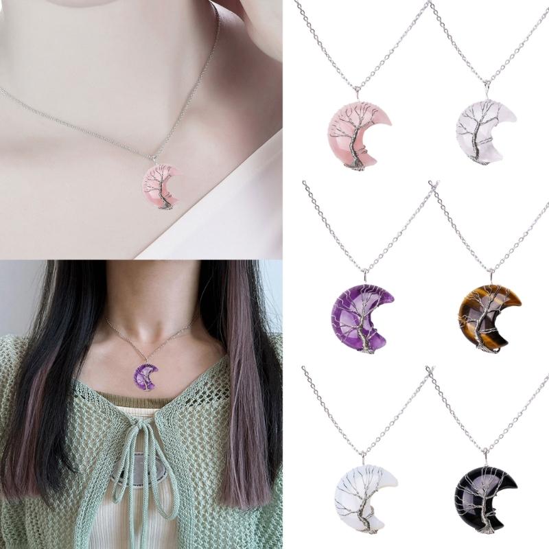 Crescent Pendant Necklace Moon Shape Crystal Necklaces for Women Men Natural Stone Collar Chain Choker Jewelry