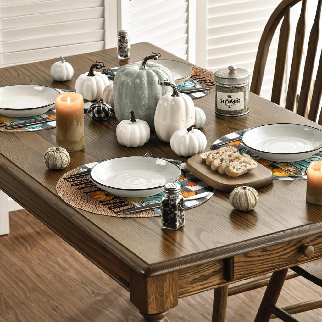 Artoid Mode Buffalo Plaid Truck Pumpkin Round Fall Placemats Set of 4, 14 Inch Seasonal Thanksgiving Round Table Mats for Dining Decoration