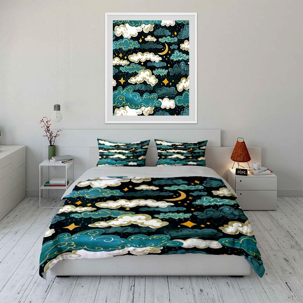 Clouds, crescent moon, stars. Bedding sets Duvet cover sets Duvet covers Pillowcases(1 * Duvet Cover 2 * Pillowcases without duvet insert)