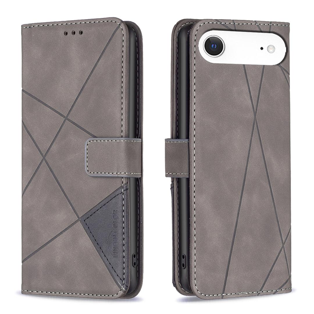 

For iPhone 17 Air Phone Case BINFEN COLOR Wallet Stand Geometry Imprinted Leather Cover Grey