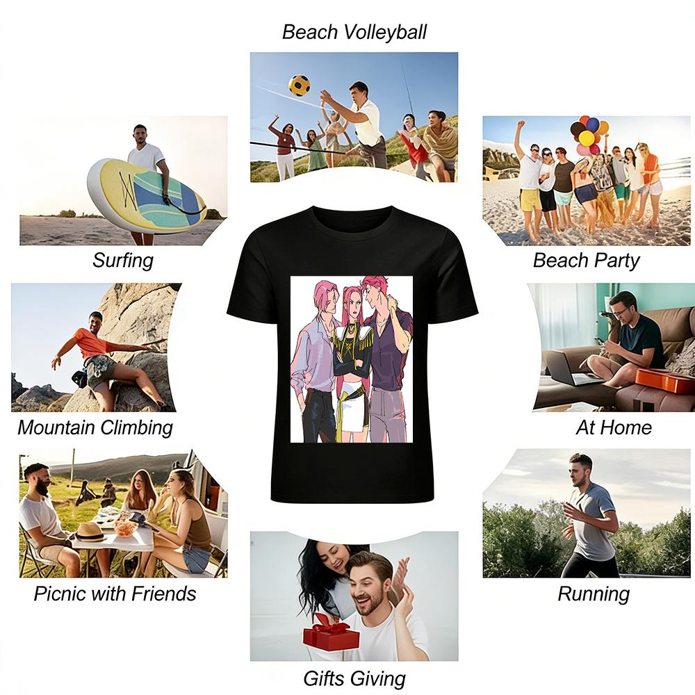 Anime Pink-haired Trio Graphic T-shirt Trendy Cartoon Character Print Casual Loose Top Pure Cotton T-shirt